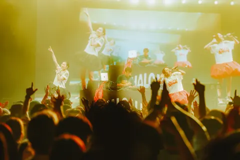 Two singers in outfits bearing HALCA lettering and a DJ performing on a yellow-lit stage as the audience raises their hands.