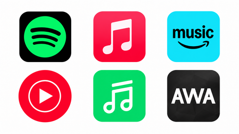 Spotify、Apple Music、Amazon Music、YouTube Music、LINE MUSIC、AWAの6つのアイコン