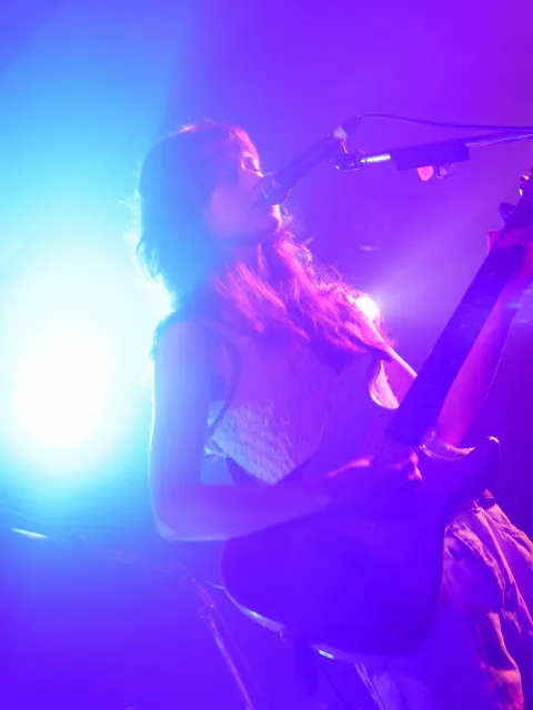 A singer holding an electric guitar and singing passionately into a microphone on a stage lit in purple and blue.