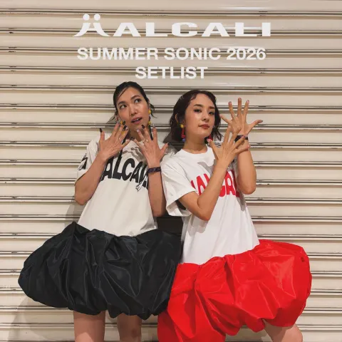 The two members of ALCALI posing with their fingertips visible in front of a shutter, beneath SUMMER SONIC 2026 SETLIST lettering.